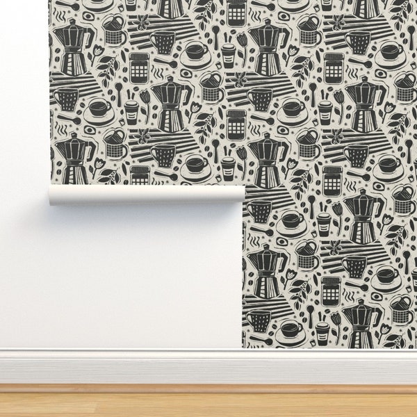 Retro Cafe Commercial Grade Wallpaper - Cafecore Block Print by roochita - Coffee Shop Chic Mug Kitchen Wallpaper Double Roll by Spoonflower