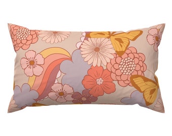 1960s Floral Accent Pillow - Butterfly Groove by christieadamsdesigns - Coral Pink Flowers Rectangle Lumbar Throw Pillow by Spoonflower