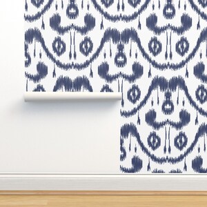 Ikat Non-Pasted Wallpaper - Ikat Waves Indigo by mjmstudio - Vintage Style Dark Blue Indigo Blue Ikat Wallpaper Double Roll by Spoonflower
