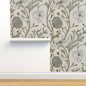 Muted Floral Non-Pasted Wallpaper - Queen Anne's Lace by two_brds - Wildflowers Historical Earth Tones Wallpaper Double Roll by Spoonflower