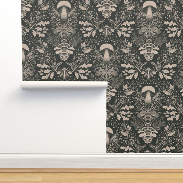 Neutral Woodland Commercial Grade Wallpaper - Mushroom Forest Damask by denesannadesign - Dark Green Wallpaper Double Roll by Spoonflower