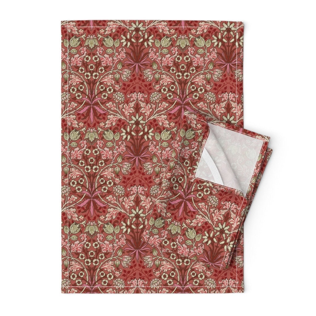 Floral William Morris Damask Linen Cotton Tea Towels by Roostery Set of 2 