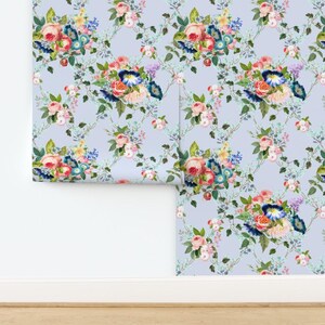 English Rose Garden Non-Pasted Wallpaper Vintage Floral Chintz Flowers Periwinkle Blue - Chintz  by pattern_garden Wallpaper by Spoonflower
