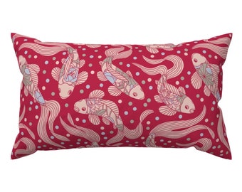 Koi Fish Accent Pillow - Koi Fish With Lilies by stolenpencil - Decorative Carp Magenta Rectangle Lumbar Throw Pillow by Spoonflower