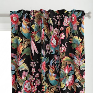 Parrot Curtain Panel - Edwardian Parrot Bright Black  by peacoquettedesigns - Tropical Exotic Bird  Custom Curtain Panel by Spoonflower