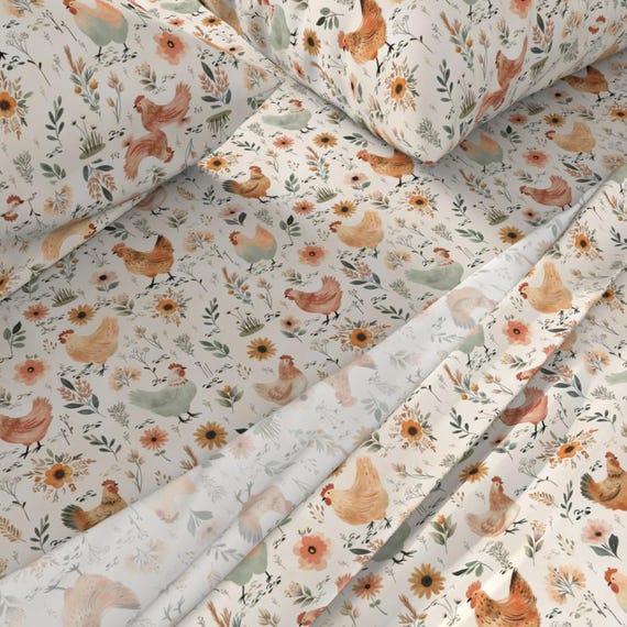 Pastell Hennen Bettwäsche - Aquarell Hühner von the_mirwo_forest - Bauernhaus Frühling Florals Boho Baumwollsatin Bettwäsche Set Bettwäsche von Spoonflower