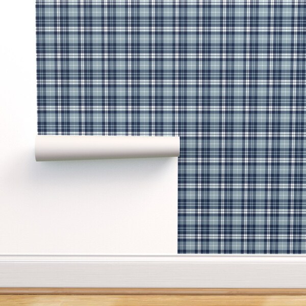 Denim Blue Plaid Commercial Grade Wallpaper - Fall Plaid by littlearrowdesign - Fall Plaid Navy Blue Wallpaper Double Roll by Spoonflower