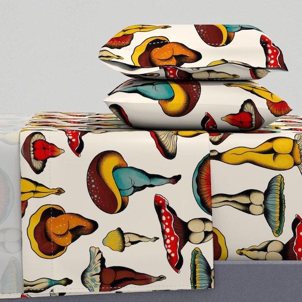 Buttshroom Bettwäsche - Sexy Pilze groß von cecilia_granata - Retro Bunt Kitchsy Baumwollsatin Bettwäsche Set Bettwäsche von Spoonflower