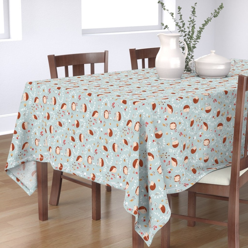 Woodland Tablecloth Hedgehogs Blue by tatiabaurre Blue Cute Baby Hedgehog Fall Nursery Kids Cotton Sateen Tablecloth by Spoonflower