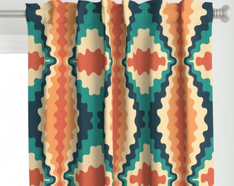 Psychedelic Curtain Panel - 70s Retro Wave by littlerhodydesign - Retro 1970s Teal Orange Vintage Style  Custom Curtain Panel by Spoonflower