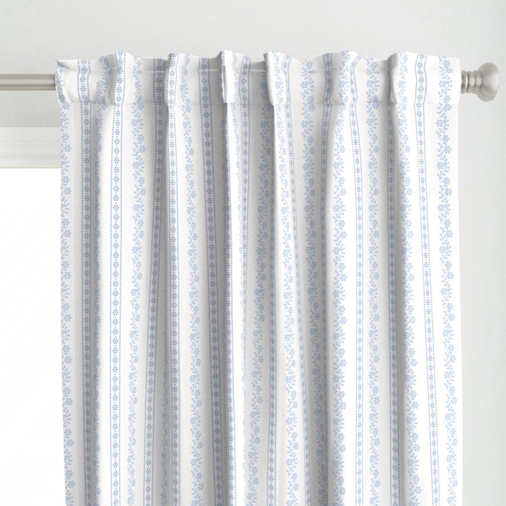 Cottage Floral Curtain Panel - Zuri Stripe by lilyoake - Light Blue White Botanical Vintage Antique Custom Curtain Panel by Spoonflower