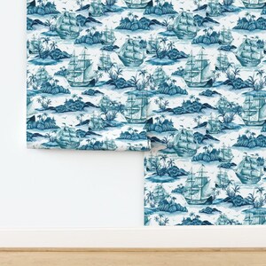 Toile Non-Pasted Wallpaper Monochromatic Tropical Novelty Ship Island Palm Trees - Sea Adventures by design_zizzit Wallpaper by Spoonflower