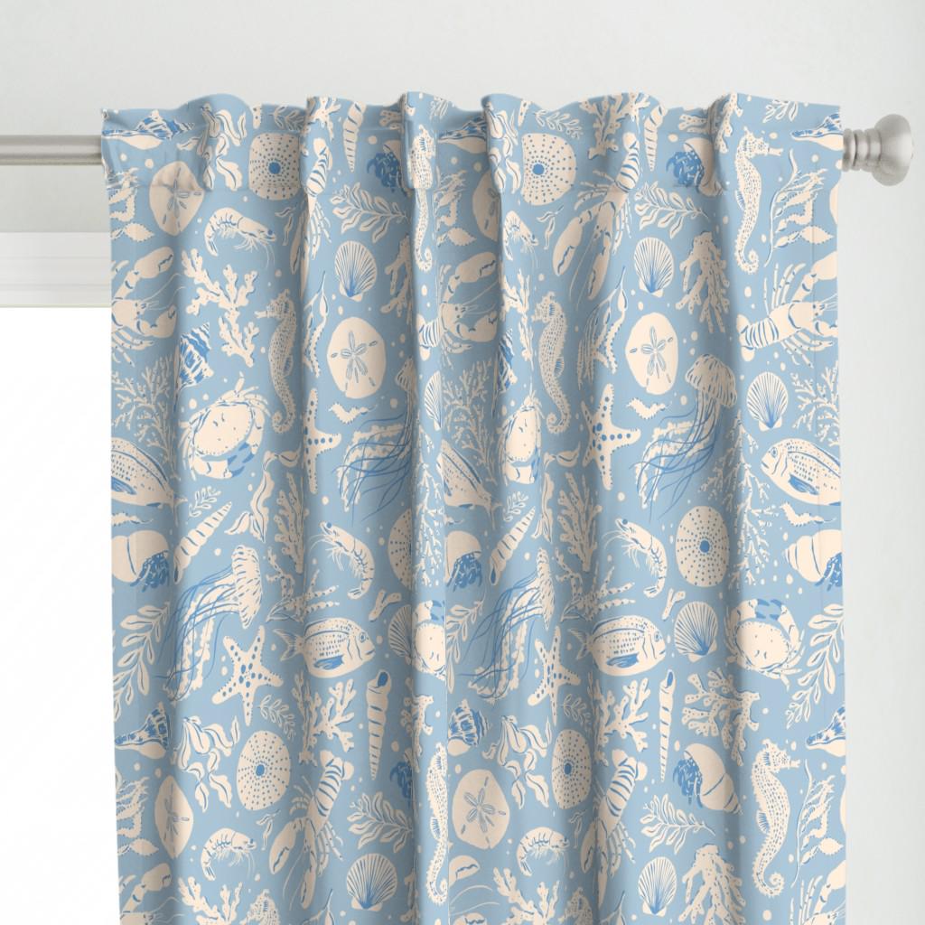 Baby Blue Beach Curtain Panel - Painted Sea Creatures by marigoldie - Nautical Crab Sea Life Lobster Custom Curtain Panel by Spoonflower