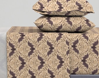Whimsical Sheets - Flying Bat Garden by misentangledvision - Witchy Roses Moons Celestial Cotton Sateen Sheet Set Bedding by Spoonflower