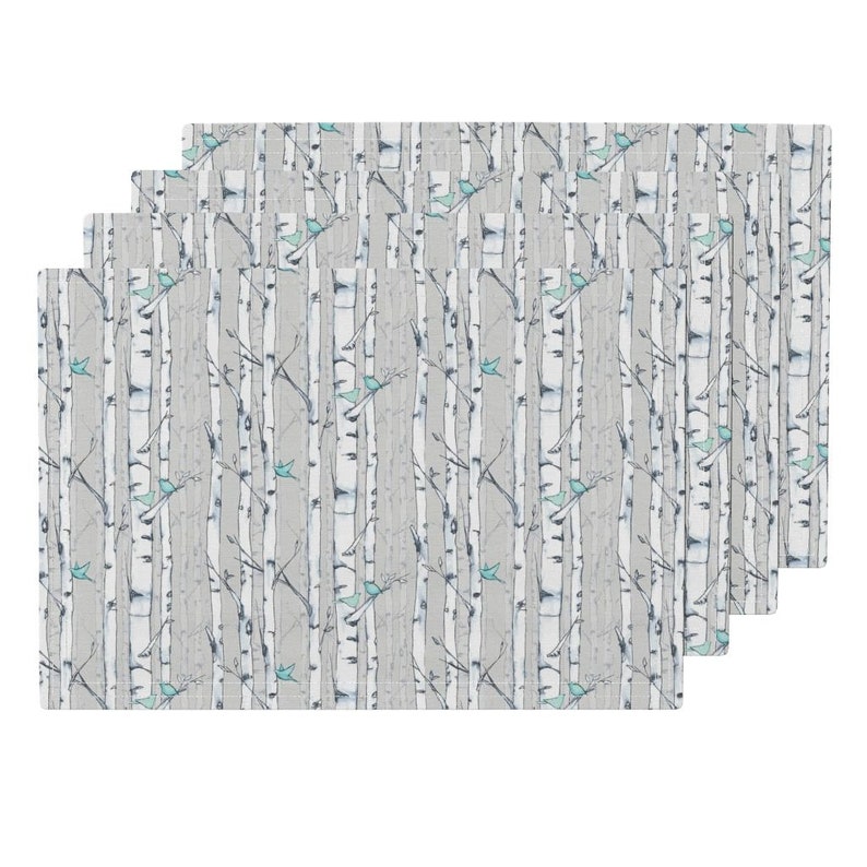 Set of 4 - Birch And Birds by lanagibson Forest Placemats Trees Birch Trees Birds Trees Nature Watercolor Cloth Placemats by Spoonflower
