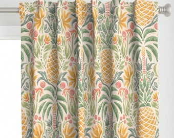 May include: A cream-colored curtain with a repeating pattern of green palm trees, yellow pineapples, and orange flowers.