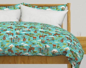 Rustic Country Bedding - Out West Teal by vinpauld - Vintage Inspired Western Style Cotton Sateen Duvet Cover OR Pillow Shams by Spoonflower