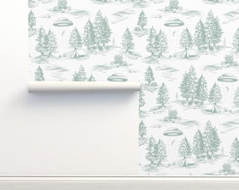 Ufo Toile De Jouy vliesbehang Alien Abduction - Alien Abduction Toile van somecallmebeth Wallpaper Double Roll van Spoonflower