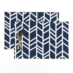 Navy Placemats (Set of 2) - Large Herringbone - Chevron by sugarpinedesign - White Wallpaper Modern Blue Cloth Placemats by Spoonflower