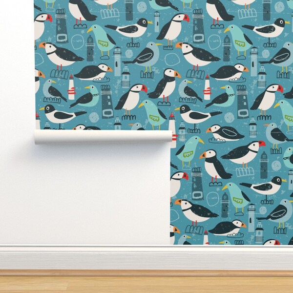 Puffin Commercial Grade Wallpaper - Sea Birds by priskakranz - Seagulls Lighthouse Coastal Nautical Wallpaper Double Roll by Spoonflower