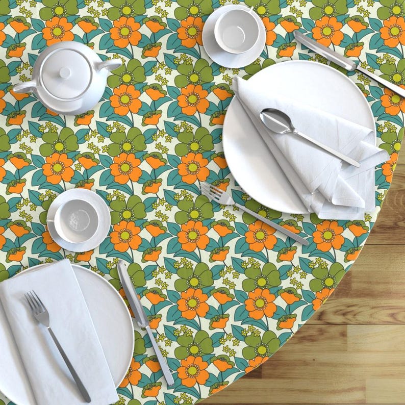 Retro Tablecloth - 70s Floral by morecandy_shop - Floral Hippie 70s 1970s Vintage Style Trending Cotton Sateen Tablecloth by Spoonflower image 7