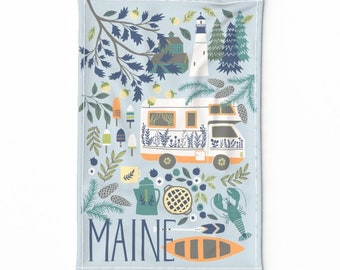 Hand-drawn Tea Towel - Road Trip To Maine by yuanxu - Tea Towel Maine Adventure Road Trip Rv Linen Cotton Canvas Tea Towel by Spoonflower