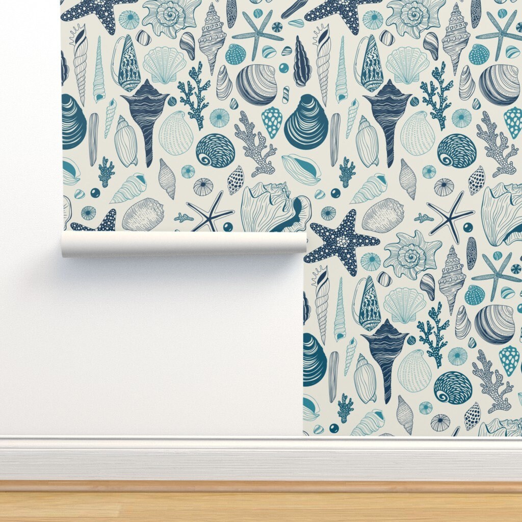Shell Pattern Teal Teal Shells Non-pasted Wallpaper Ocean Seaside - Seashells on Cream by ...