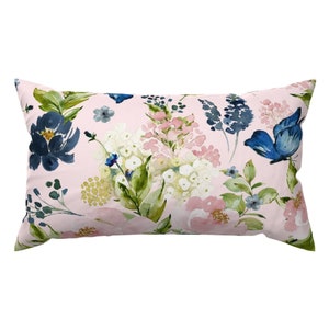 Flowers Lumbar Pillow - Indigo & Pink Floral Bouquet  by shopcabin - Butterflies Blue Pink Watercolor Rectangle Accent Throw Pillow