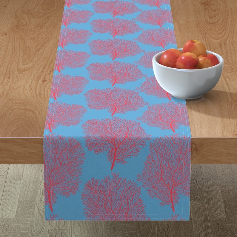 Nautical Ocean Sea Life Cotton Sateen Table Runner by Spoonflower Fan Corals On Blue by helenpdesigns Bright Coral Reef Table Runner