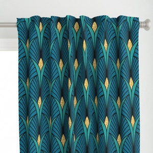 Peacock Jewels Curtain Panel - Art Deco by emikundesigns - Bright Blue Scallops Fans Jewel Tones 1920s Custom Curtain Panel by Spoonflower