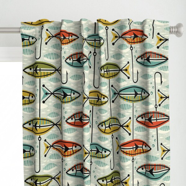 Retro Nautical Fish Curtain Panel - Retro Colorblock by studioxtine - Mod Fish Hooks Fishing Lures  Custom Curtain Panel by Spoonflower