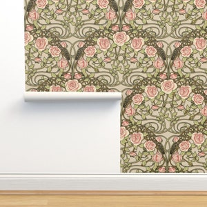 Vintage Roses Non-Pasted Wallpaper - Art Nouveau Roses by analinea - Pale Green And Blush Art Nouveau Wallpaper Double Roll by Spoonflower