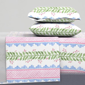 Colorful Preppy Sheets - Celia Cornflower Blue by danika_herrick - Floral Stripe Botanical Cotton Sateen Sheet Set Bedding by Spoonflower