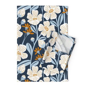 Bold Botanical Tea Towels (Set of 2) - White Wildflowers by mauerblmchen - Meadow Blue Cream Orange Linen Cotton Tea Towels by Spoonflower