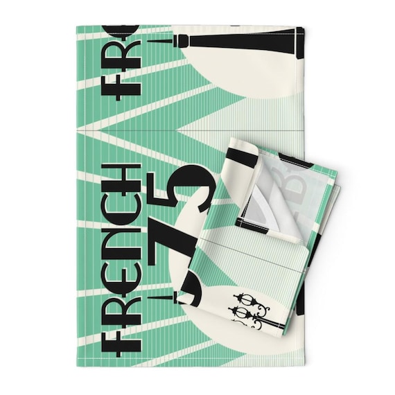 Vintage Tea Towels Set of 2 - Aqua French Paris Eiffel Tower Cocktails B398 Linen Cotton - French 75 Cocktail Tea Towel by heatherdutton