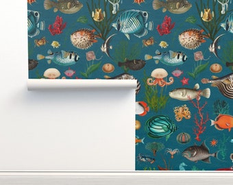 Vintage Maximalist Non-Pasted Wallpaper Ocean Sea - Ocean In Teal Blue by delinda_graphic_studio Wallpaper Double Roll by Spoonflower