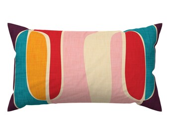 Mid Century Modern Lumbar Pillow - Colorful Geometric Retro Colors Abstract Mod Rectangle Accent Throw Pillow - Retro Waves  by bruxamagica