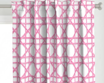 May include: Pink and white woven pattern curtain panel. The pattern resembles a woven wicker basket.