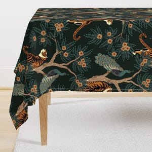 Tiger Chinoiserie Tablecloth - Tiger & Peacock by sveta_aho - Bengal Tiger Peacock Asian Inspired Cotton Sateen Tablecloth by Spoonflower