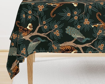 Tiger Chinoiserie Tablecloth - Tiger & Peacock by sveta_aho - Bengal Tiger Peacock Asian Inspired Cotton Sateen Tablecloth by Spoonflower