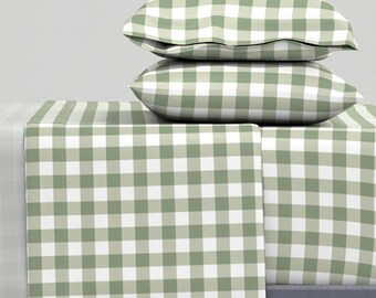 Traditional Plaid Sheets - Green Plaid by pipaluk_co - Sage Green Eucalyptus Green White Cotton Sateen Sheet Set Bedding by Spoonflower