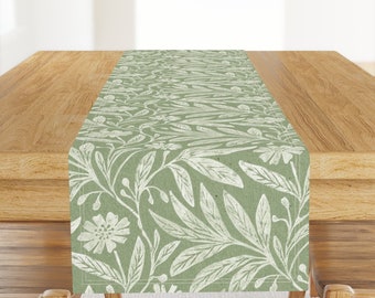 Vintage Floral Table Runner - Sage Green Floral by apostrofodesign - Daisy Print Block Print  Cotton Sateen Table Runner by Spoonflower