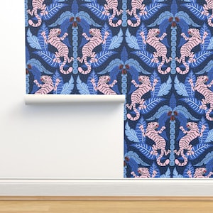 Maximalist Damask Non-Pasted Wallpaper - Tiger Damask by vivdesign - Tiger Jungle Blue Cobalt Big Cat Wallpaper Double Roll by Spoonflower
