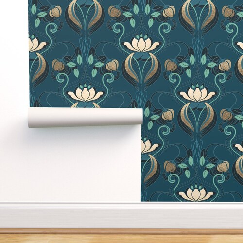 Teal Art Nouveau Commercial Grade Wallpaper Teal Dragonflies Etsy