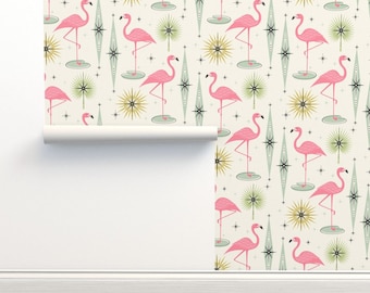 Retro Flamingo Vlies Tapete Mod Kitsch Mid Century Modern - Retro Flamingo von studioxtine Tapete Doppelrolle von Spoonflower