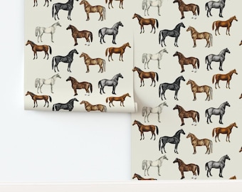 Hästsport, oklistrad tapet, hingstälskare, vintageteckningar - Vintagehästar av thistleandfox, tapet av Spoonflower