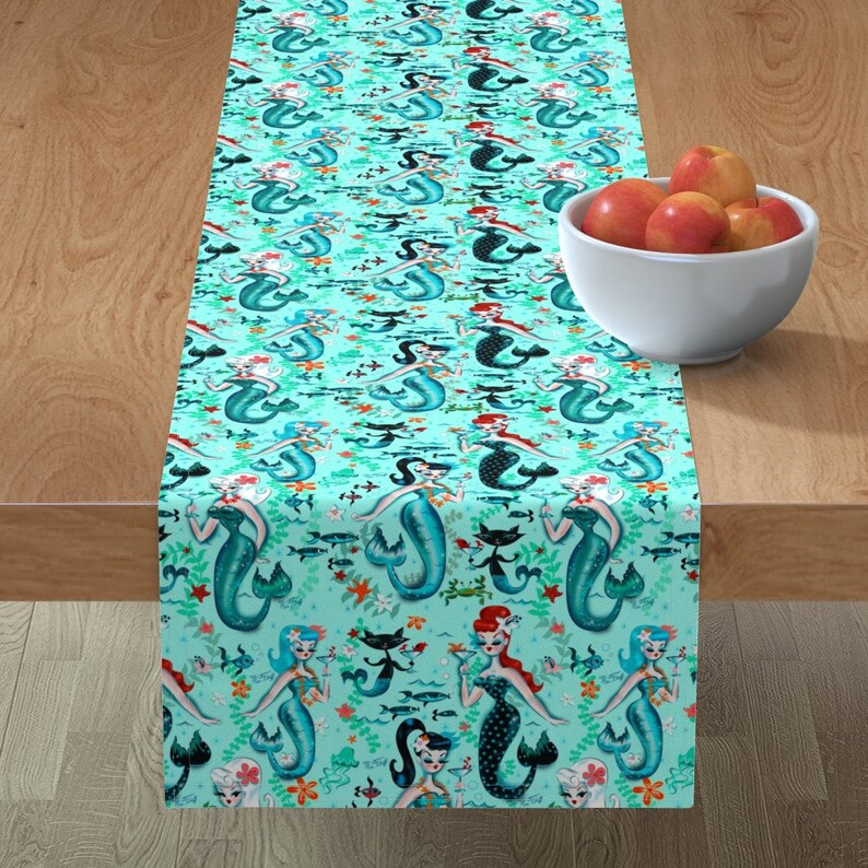 Teal Pinup Girls Cotton Sateen Table Runner by Spoonflower Martini Mermaids by miss/_fluff Aqua Retro Mermaids Table Runner
