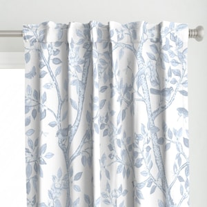 Blue Garden Toile Curtain Panel - Bird Garden Toile by danika_herrick -  Birds Tree Botanical  Toile Custom Curtain Panel by Spoonflower