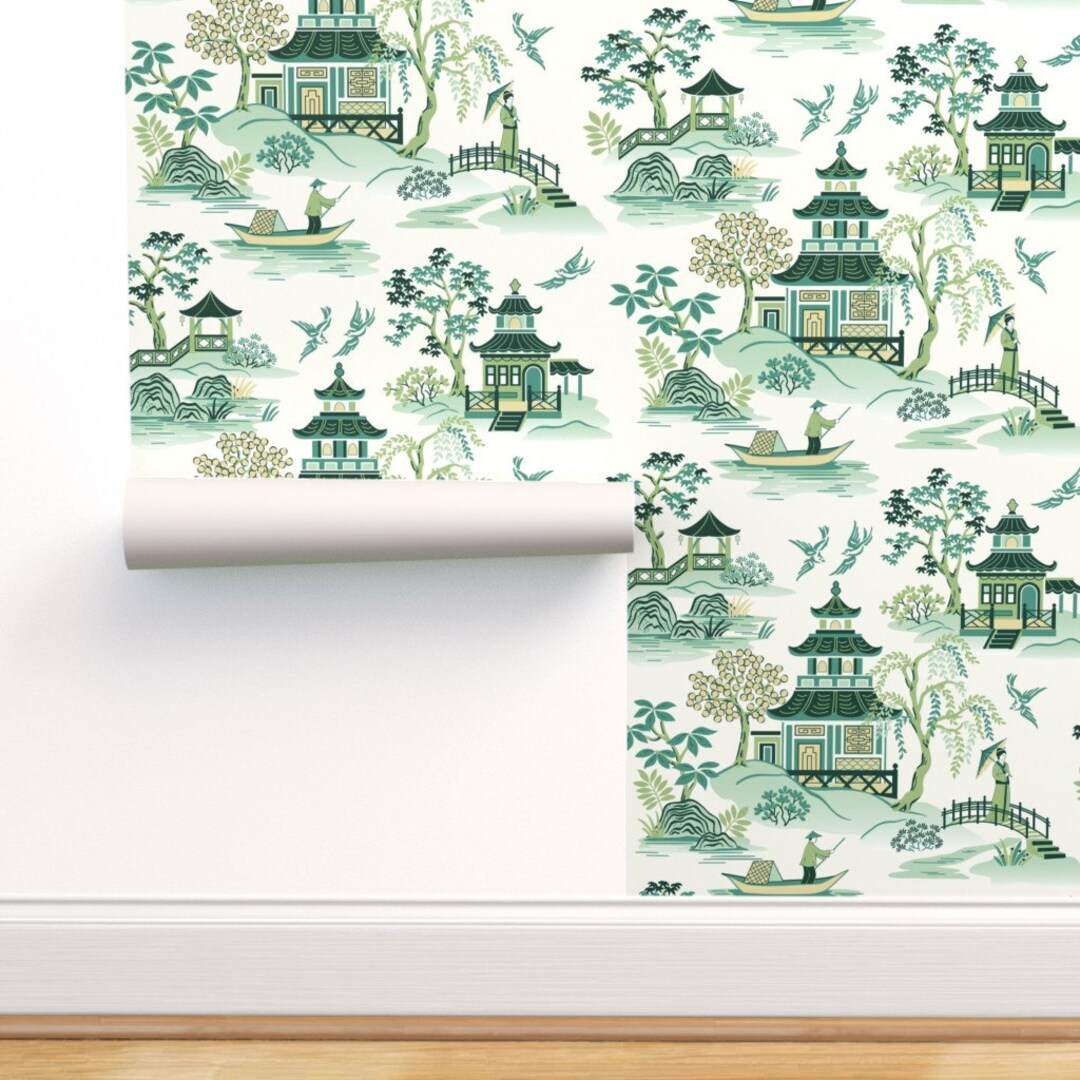 Chinoiserie Commercial Grade Wallpaper Chinoiserie Green by - Etsy France
