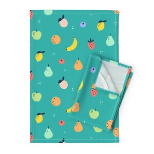 Whimsical Fruit Tea Towels (Set of 2) - Cute Fruits by vilmosvarga - Colorful Citrus Fun Cute Linen Cotton Tea Towels by Spoonflower